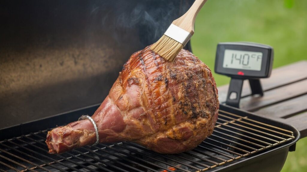 Kentucky Legend ham on an outdoor grill with smoky char marks, cooked over indirect heat to 140°F, glazed in the last 20 minutes for juicy, flavorful results.