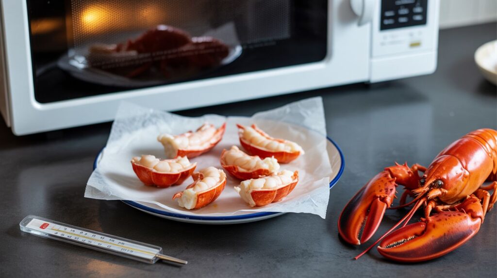 Re-heating cooked lobsters how to in the microwave with small shelled pieces covered by a damp paper towel for quick warming.