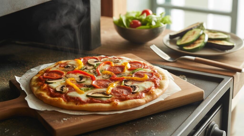 Freshly cooked pizza from a Blackstone griddle resting on a wooden cutting board, topped with olive oil, herbs, and red pepper flakes, served alongside salad and grilled vegetables for a complete meal