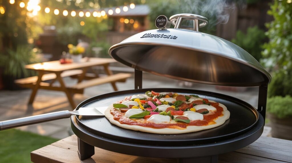 Pizza cooking on a Blackstone griddle outdoors, with dough crisping to golden on one side while sauce, cheese, and toppings melt under a dome lid for even browning.