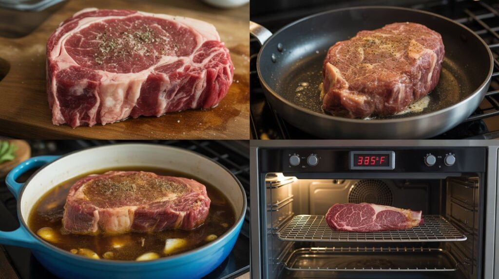 Chuck steak being prepared for oven cooking: seasoned and patted dry, seared in a skillet to a golden crust, then either braised in broth at 325°F or roasted on a rack at 400°F, with resting instructions to lock in juices.