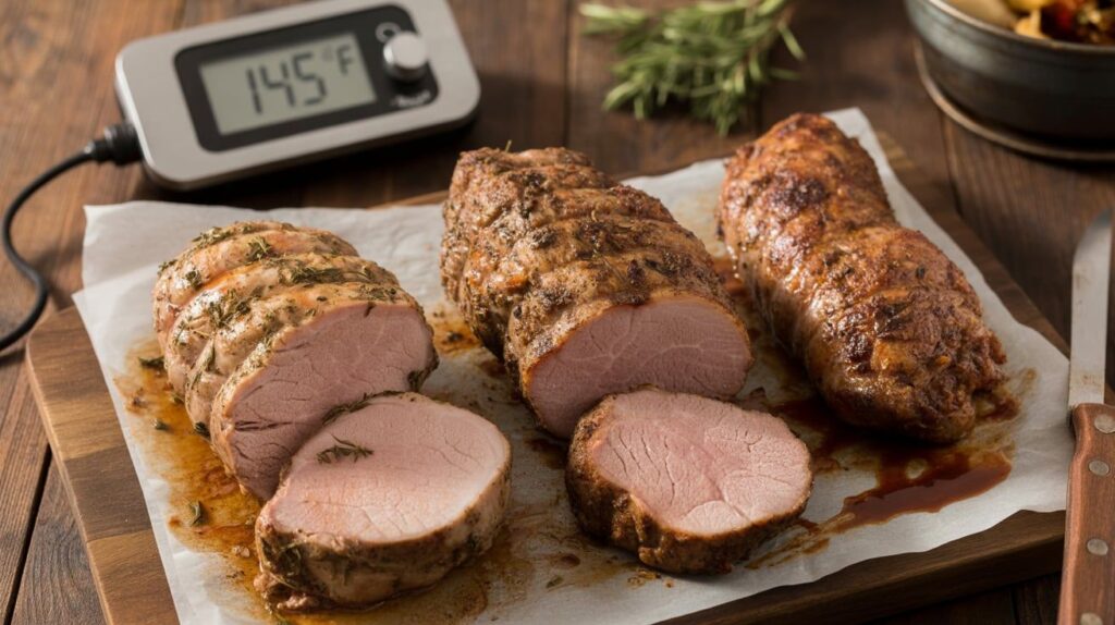 Juicy Smithfield pork tenderloin cooked three ways—oven roasted with herbs, grilled with smoky char marks, and slow-cooked with sauce. A meat thermometer reads 145°F, showing the perfect pork tenderloin cooking temperature.